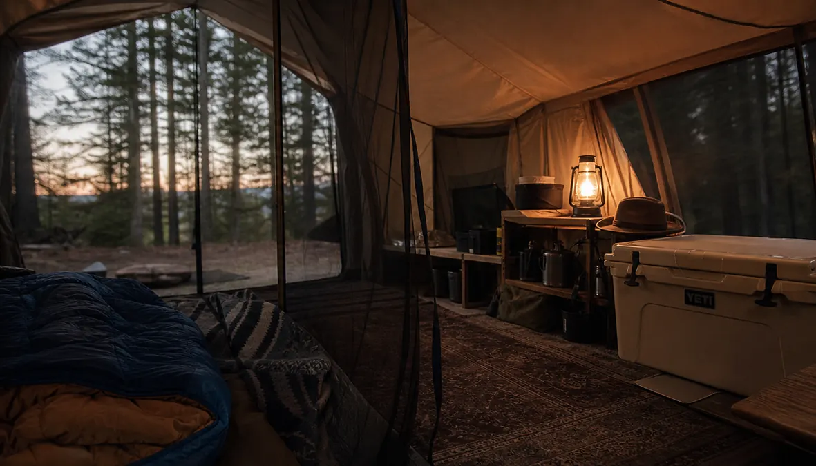 Interior of the cabin tent at night showing the room divider curtain separating a sleeping area from a gear area