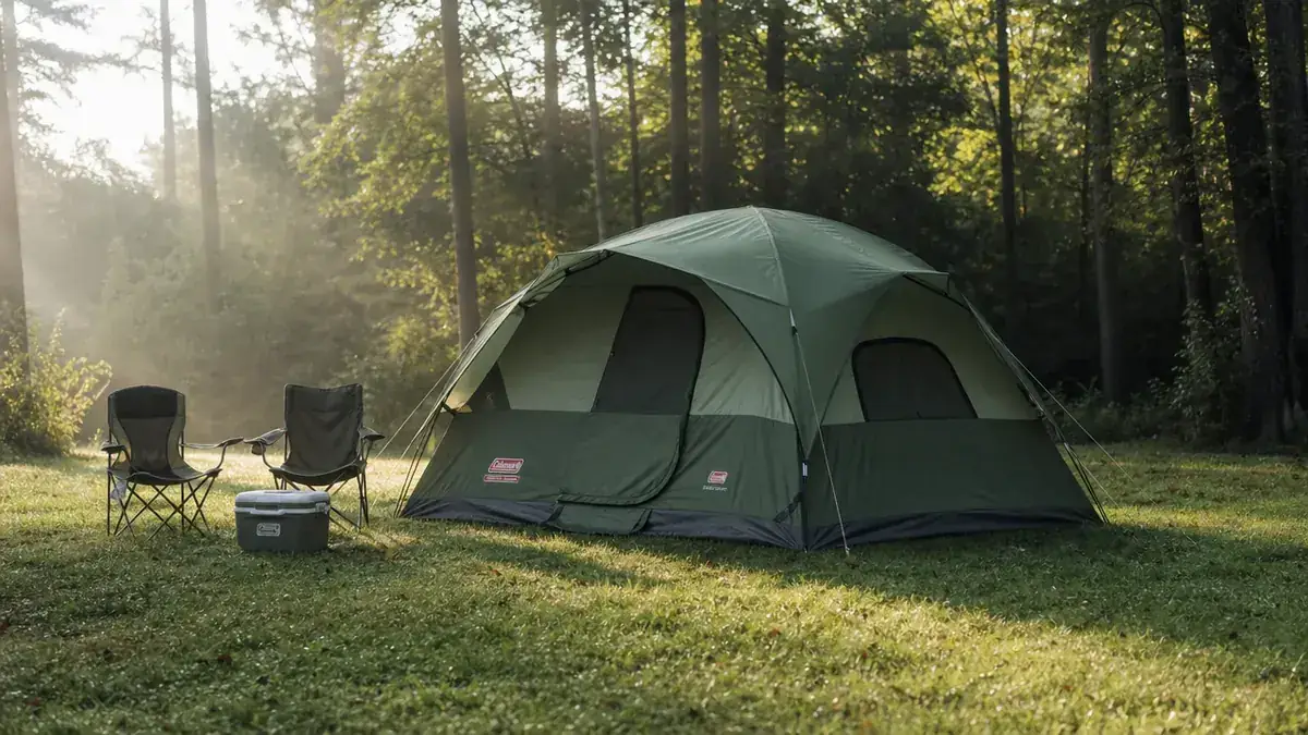 Green cabin-style family tent with rainfly pitched at a campsite in early morning light, two camp chairs out front
